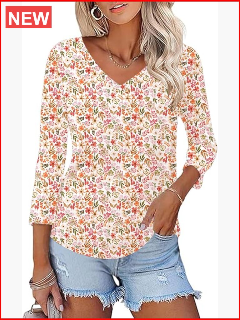 3/4 Sleeve V Neck Tunic Blouse Solid Basic Tee